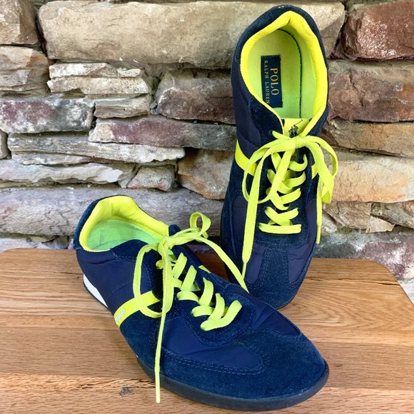 POLO Jacory Ralph Lauren Men's Sneakers Navy Blue Suede Yellow - Picture 3 of 15